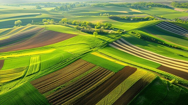 panorama seen from above of the plain with the cultivated fields divided into geometric shapes in spring