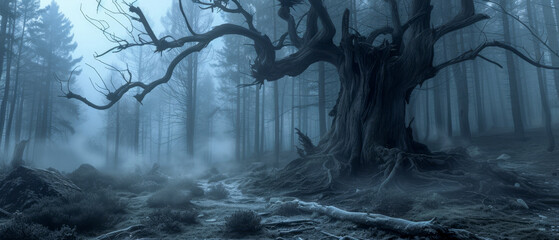 misty forest in the fog - obrazy, fototapety, plakaty