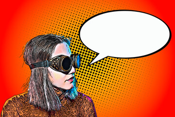 Retro poster in pop art style, girl with glasses, bubble space for text. Cartoon flat style. In yellow and orange.
