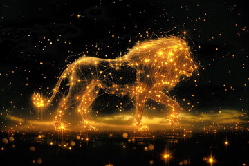 A sparkling shine golden silhouette of a lion on a black background. The symbol of the zodiac sign is leo. Ai generative.