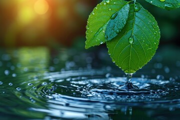 Naklejka na ściany i meble Concept for World Water Day: A droplet amidst green foliage