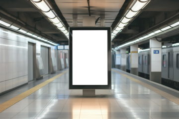 Blank billboard indoors of metro or airport hall, advertising transparent mock up, public information board. Blur Background 