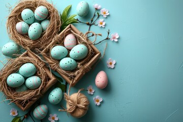 Fototapeta na wymiar Easter poster template with eggs in nest on light blue background