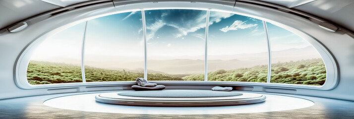 Fototapeta premium breathtaking luxury futuristic interior, sci-fi eco concept, natural materials, light interior design with huge windows, panoramic view of green hills