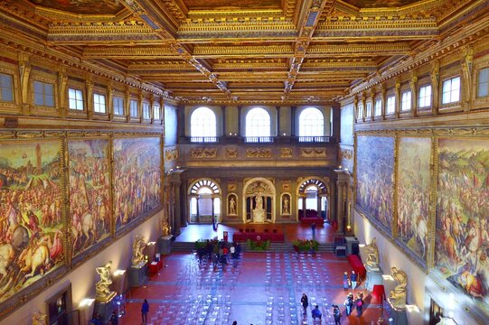 Sala dei Cinquecento seen from the gallery located inside Palazzo Vecchio in Florence in Tuscany, Italy