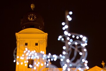 The tower of the Debrecen Great Church in Christmas lights 01