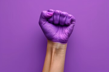 A woman raises a purple fist for International Women's Day