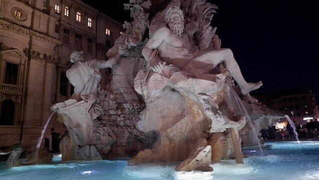 Sculpture on fountain of the Four Rivers (Fontana dei Quattro Fiumi) on Navona square in Rome, Italy