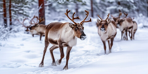 group of reindeers (Rangifer tarandus) in a snowy forest in winter