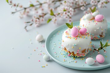 Easter Cakes and Buns Cupcakes Chocolate Cheesecake | Food Photography | Spring Theme Linen Table | Farmhouse Table Meal Lunch Party Display | Branches Leaves Floral Flowers | Rustic Cottagecore