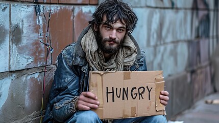 Naklejka na ściany i meble A beggar sits on the sidewalk with a sign that says he is hungry holding by hands with a sad face
