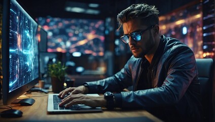 Fototapeta na wymiar Man using modern computer surfing internet futuristic innovative technology background