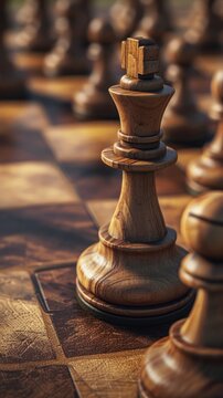 detailed image of a chess king in focus on a chessboard, highlighting the quiet luxury and strategic depth of the game. This image could be used in content about mental challenge and luxury mind sport