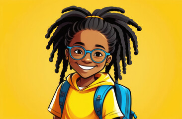Happy african american schoolgirl with backpack pointing up on yellow background