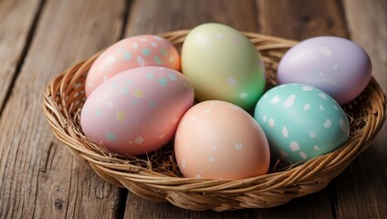 Fototapeta na wymiar Pastel color easter eggs in a basket