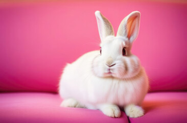 Obraz premium Cute white rabbit on pink background, easter bunny on pink background