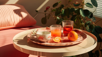 Romantic holiday table setting with Peach Fuzz color. Summer seasonal decor