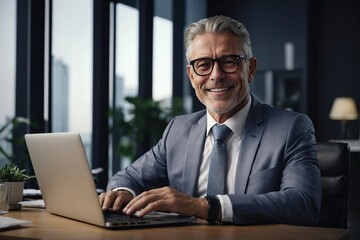 Modern Office Portrait of Successful Middle Aged Bearded Corporate Businessman Working on a Laptop at his Desk, Looking at Camera, Smiling. Diverse Workplace with Professionals. Front View Shot