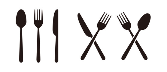 Spoon, fork, knife silhouette icon set - obrazy, fototapety, plakaty