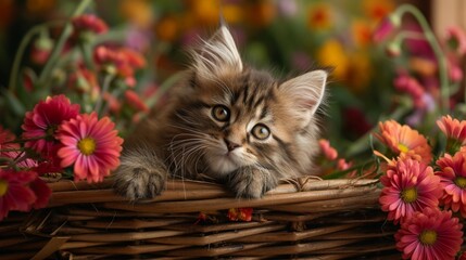 A fluffy Ragamuffin kitten nestled in a basket.