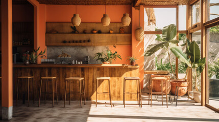Warm Bali sunlight cafe interior with Peach Fuzz color walls, maximalist design