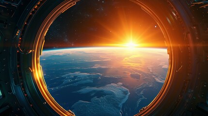 spaceship round window with sunrise over planet view, space station porthole illuminator with planetary sunset view, astronomy background