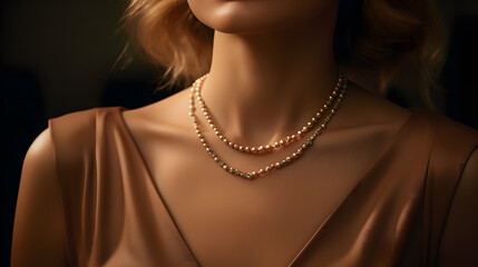 pearl necklace on neck of young model. Neural network AI generated art