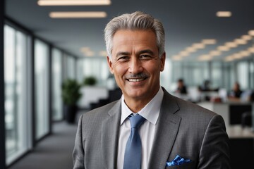 Fototapeta premium Portrait of a Confident Happy Businessman Wearing a Casual Suit, Looking at Camera, Genuinely and Charmingly Smiling. Successful Experienced Man Working in Diverse Company Office