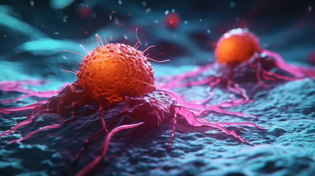 İllustration depicting a cancer cell and T cell engaged in the immune response.