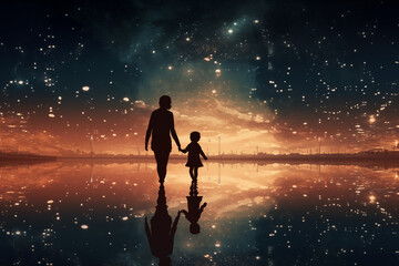 mother's day, Romantic Night Sky Silhouette: Couple in Water under the Moonlight with Stars, Love, and Kiss