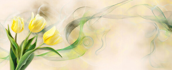 Fototapeta na wymiar Tapeta w kwiaty, żółte tulipany na jasnym tle, miejsce na tekst