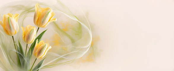 Tapeta w kwiaty, żółte tulipany na jasnym tle, miejsce na tekst - obrazy, fototapety, plakaty