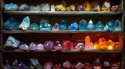 a shelf is lined with many colorful gems in