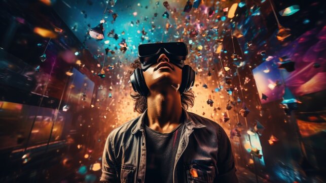 VR glasses. A man with headphones and VR headset is engulfed in a colorful, explosive virtual reality environment with floating geometric shapes. Generative AI