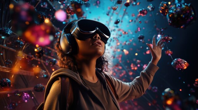 VR glasses. Young woman stands immersed in a virtual reality simulation, surrounded by vivid, swirling autumn leaves. Generative AI