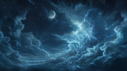Fototapeta na wymiar Stormy night sky with lightning, stars, and moon