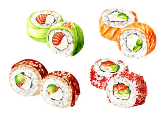 Japanese  Sushi Rolls  set, Hand drawn watercolor illustration  isolated on white background
