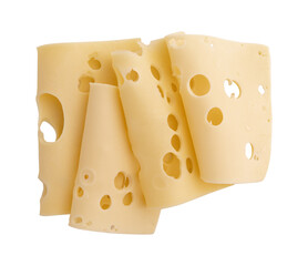 maasdam cheese slices with holes closeup, swiss cheese isolated on white background