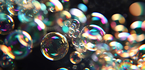 a shot of soap bubbles against a black background in 