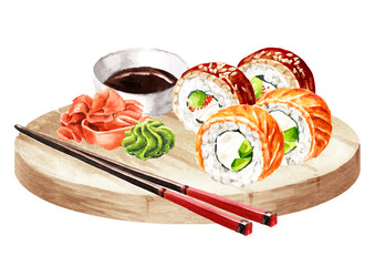 Japanese Sushi Rolls set, Hand drawn watercolor illustration, isolated on white background