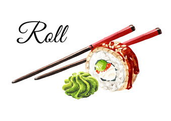 Sushi Eel Rolls with chopsticks. Hand drawn watercolor illustration, isolated on white background