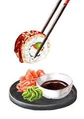 Sushi Eel Rolls with soy sauce and ginger. Hand drawn watercolor illustration, isolated on white background