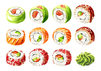 Sushi Rolls set. Hand drawn watercolor illustration, isolated on white background