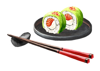 Sushi Rolls on the black plate. Hand drawn watercolor illustration, isolated on white background