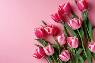 Obraz premium Beautiful Tulips on pink background, top view. wedding background, women day background, mother day background