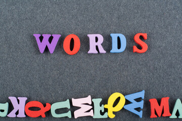 Words letters on black board background composed from colorful abc alphabet block wooden letters, copy space for ad text. Learning english concept.