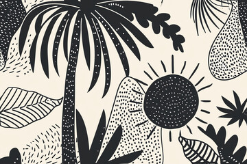 pattern with 4 quarters, in two opposite quarters there is a minimlistic palmtree, in the other two there is a sun, organic hand drawn , black and white