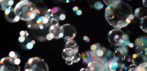 a shot of soap bubbles against a black background in  - obrazy, fototapety, plakaty