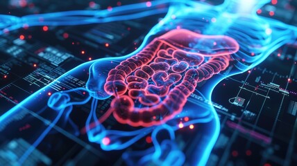 holographic medical visualization of the human gastrointestinal tract in education - obrazy, fototapety, plakaty