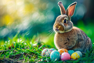 Rabbit is sitting in grassy field next to some eggs that are decorated.